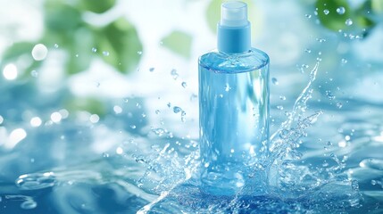 Aufkleber - A clear blue bottle of liquid splashes in a serene water setting, suggesting freshness and purity.