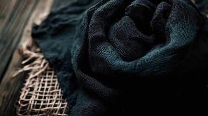Poster - A close-up of a black fabric rose on a textured surface, showcasing elegance and artistry.