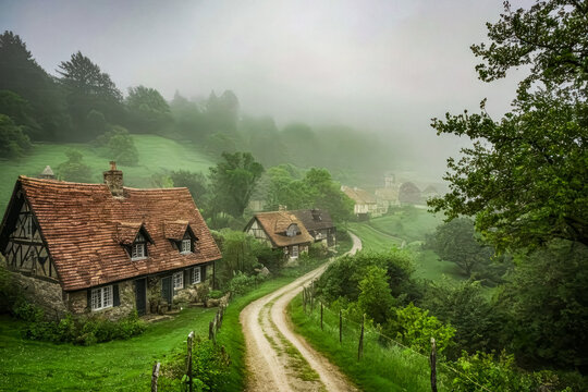 A Foggy Sunrise Over a Serene Village Landscape