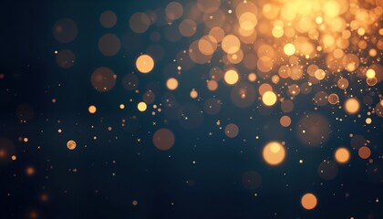 Aufkleber - Abstract background displays golden light particles, stars on navy blue backdrop. Sparkling, shimmering effect creates festive atmosphere. Golden light, shine with bokeh create celebratory mood.