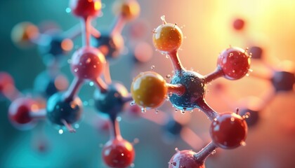 Poster - 3D model of biochemical molecular structure. Colorful atoms connected with bonds. Detailed molecular structure. Scientific research illustration. Educational resource academic study material.
