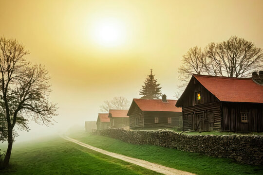 A Foggy Sunrise Over a Serene Village Landscape