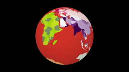 Poster - Spinning globe. Tilted sphere view. Moderate speed earth rotation. Colored countries style. World map with graticule lines on a dark background. Fresh animation.