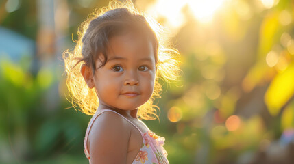 portrait of a young samoan girl with a sunlit backdrop capturing childhood innocence
