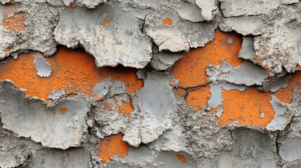 Poster - A close-up of a textured wall with peeling paint revealing orange and gray layers.