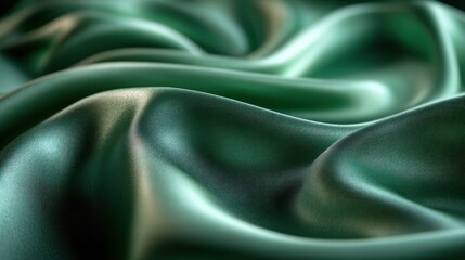 A close-up of smooth, flowing green fabric, showcasing texture and sheen.