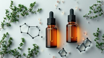 Two amber dropper bottles with thyme and molecular models.