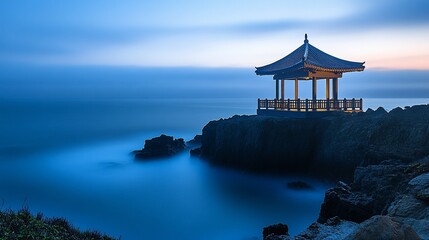 Wall Mural - Serene coastal pavilion at twilight.