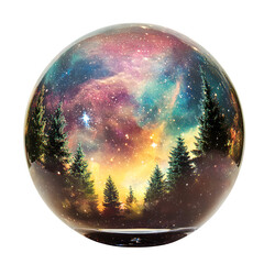 Aufkleber - Glass sphere showing colorful nebula and fir trees on transparent background, perfect for fantasy and surreal concepts
