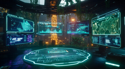 Poster - Futuristic HUD interface, game UI vector graphic elements. Hologram screens of future technology dashboard with virtual control panel, graphs and maps. Space game futuristic head up display interface