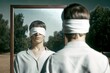 © Diana - A person with a white blindfold stands in front of a mirror outdoors, reflecting their own image. The scene is set against a background of trees and natural light, creating an introspective and symbol