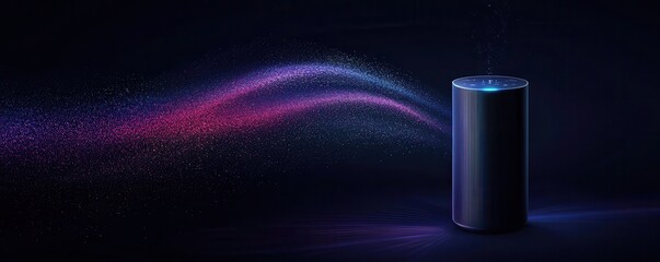Poster - A sleek smart speaker emits vibrant sound waves in a dark, futuristic setting, illustrating the fusion of technology and audio experience.