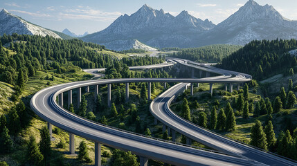 Winding roads among green fields, freeway with railroad bridge, highway interchange with ramp and mountainside road with tunnel, for transportation theme design