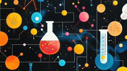 Fototapete - a colorful abstract representation of scientific elements, including beakers and molecular structure