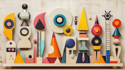 Poster - A colorful arrangement of abstract geometric shapes and forms on a wooden base.