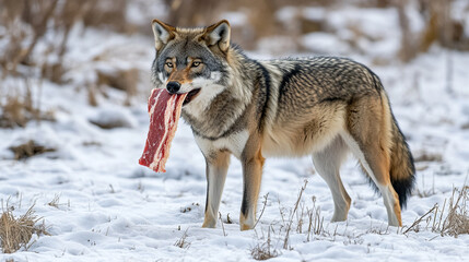 Naklejka na meble Wolf carries a piece of meat in a snowy landscape during the winter season