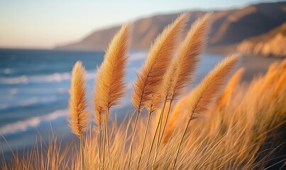 Wall Mural - Golden pampas grass with ocean beach backdrop.