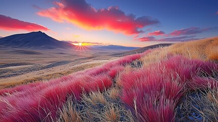 Wall Mural - Vibrant pink grass at sunset in a mountain valley.