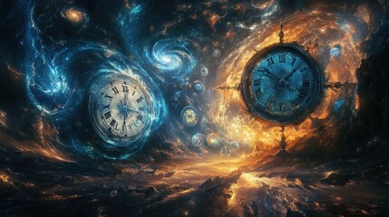 Poster - A cosmic scene featuring clocks amidst galaxies, symbolizing time and the universe.