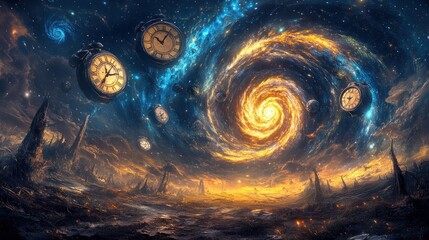 Poster - A cosmic scene featuring swirling galaxies and clocks, symbolizing the passage of time.