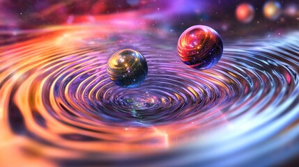 Poster - A cosmic scene with two spheres creating ripples in a vibrant, colorful space background.