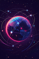 Poster - A vibrant digital illustration of Earth surrounded by glowing orbits and stars.