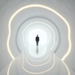 © Drowfear - Un hombre camina hacia una luz brillante en un túnel futurista iluminado, creando una atmósfera moderna y minimalista