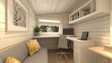 Poster - A cozy home office with a desk, computer, and comfortable seating for productivity.
