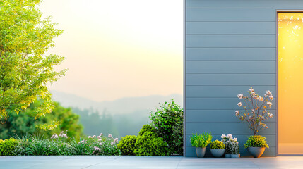 Poster - Modern house exterior with garden and sunset view highlighting nature's beauty