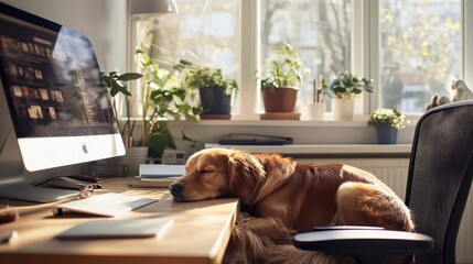 Poster - A cozy workspace with a sleeping dog beside a computer and potted plants.