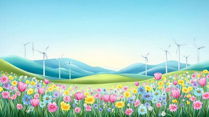 Poster - landscape with wind turbines standing in a vibrant field of blooming flowers, symbolizing renewable energy