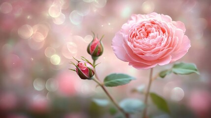 Poster - A delicate pink rose blooms beside budding roses, set against a soft, dreamy background.