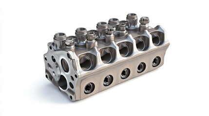Poster - A detailed rendering of an automotive engine cylinder head, showcasing its intricate design.