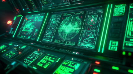 Poster - HUD military radar or sonar display screen interface of submarine, ship and airplane navigation. Futuristic vector digital monitors with grid map and green neon objects, Sci Fi game ui or gui