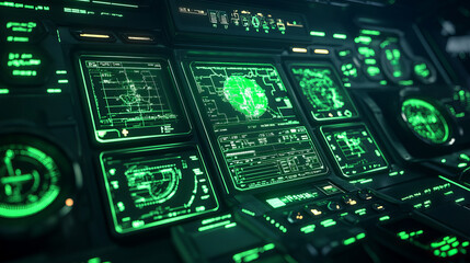 Poster - HUD military radar or sonar display screen interface of submarine, ship and airplane navigation. Futuristic vector digital monitors with grid map and green neon objects, Sci Fi game ui or gui