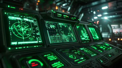 Poster - HUD military radar or sonar display screen interface of submarine, ship and airplane navigation. Futuristic vector digital monitors with grid map and green neon objects, Sci Fi game ui or gui