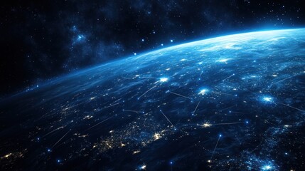 Poster - A digital representation of Earth from space, highlighting interconnected lights and networks.