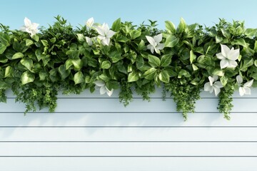 Wall Mural - A 3D-rendered ivy wall with ultra-detailed leaves swaying gently, set against a vibrant blue sky