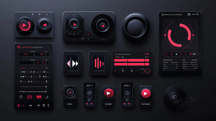 Music or video player interface vector template of media app ui. Digital player monochrome progress bar for music, video, radio, podcast or online streaming with media control and navigation buttons