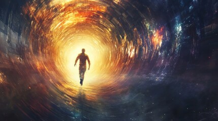 Poster - A figure walks towards a glowing, cosmic tunnel, symbolizing exploration and transcendence.