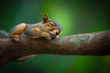 a delightful squirrel is resting comfortably on a branch, its eyes closed and fur gently illuminated