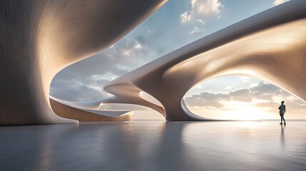 Poster - A futuristic architectural structure with smooth curves and a person walking at sunset.