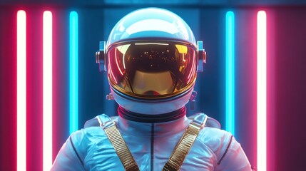 Poster - A futuristic astronaut in a vibrant, neon-lit environment, showcasing space exploration themes.