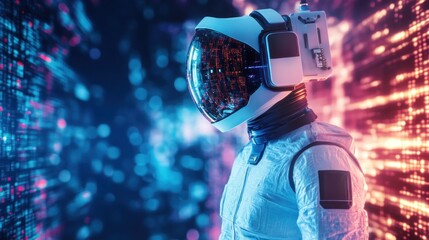 Poster - A futuristic astronaut stands against a backdrop of digital data streams.