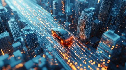 Aufkleber - A futuristic car drives through a vibrant, illuminated cityscape at night.