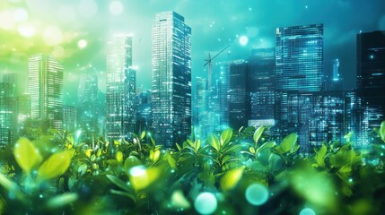 Poster - A futuristic cityscape blending nature with urban architecture.