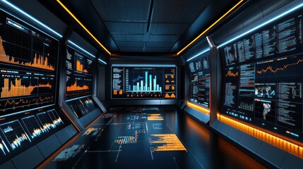 Fototapete - A futuristic control room filled with data visualizations and analytics displays.