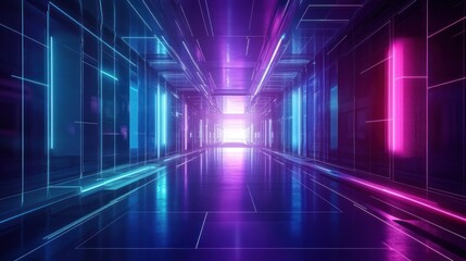Aufkleber - A futuristic corridor illuminated by vibrant neon lights, creating a sci-fi atmosphere.