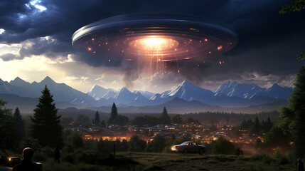 Fototapete - UFO sighting over a suburban neighborhood, with astonished residents gazing up at the mysterious craft.