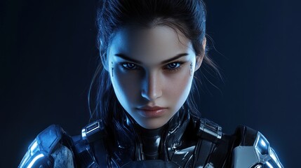 Poster - A futuristic female character in a high-tech suit, showcasing strength and determination.